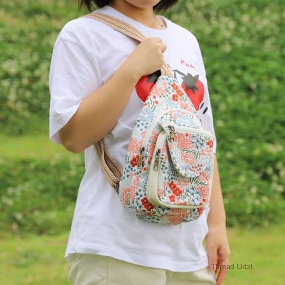 Vintage Embroidered Floral Canvas Backpack Adjustable Strap Travel Purse